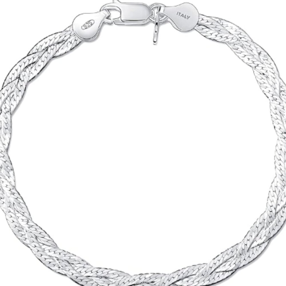 Made in Italy, 925 Sterling Silver Braided Herringbone Chain Bracelet